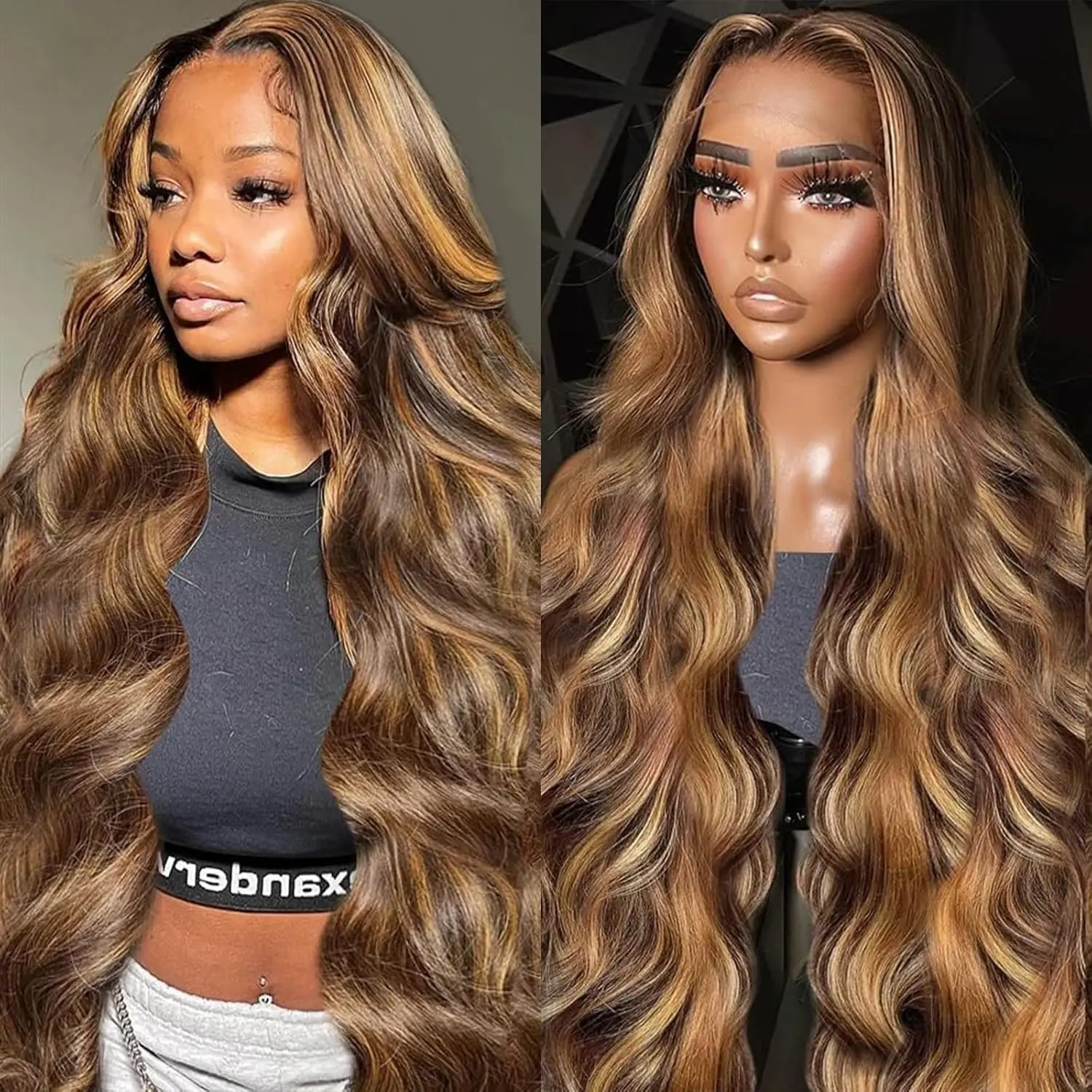 

250% Density Body Wave Ombre Highlight Wig Human Hair 28Inch 4/27 Honey Blonde Highlight HD Lace Front Wig Human Hair For Women