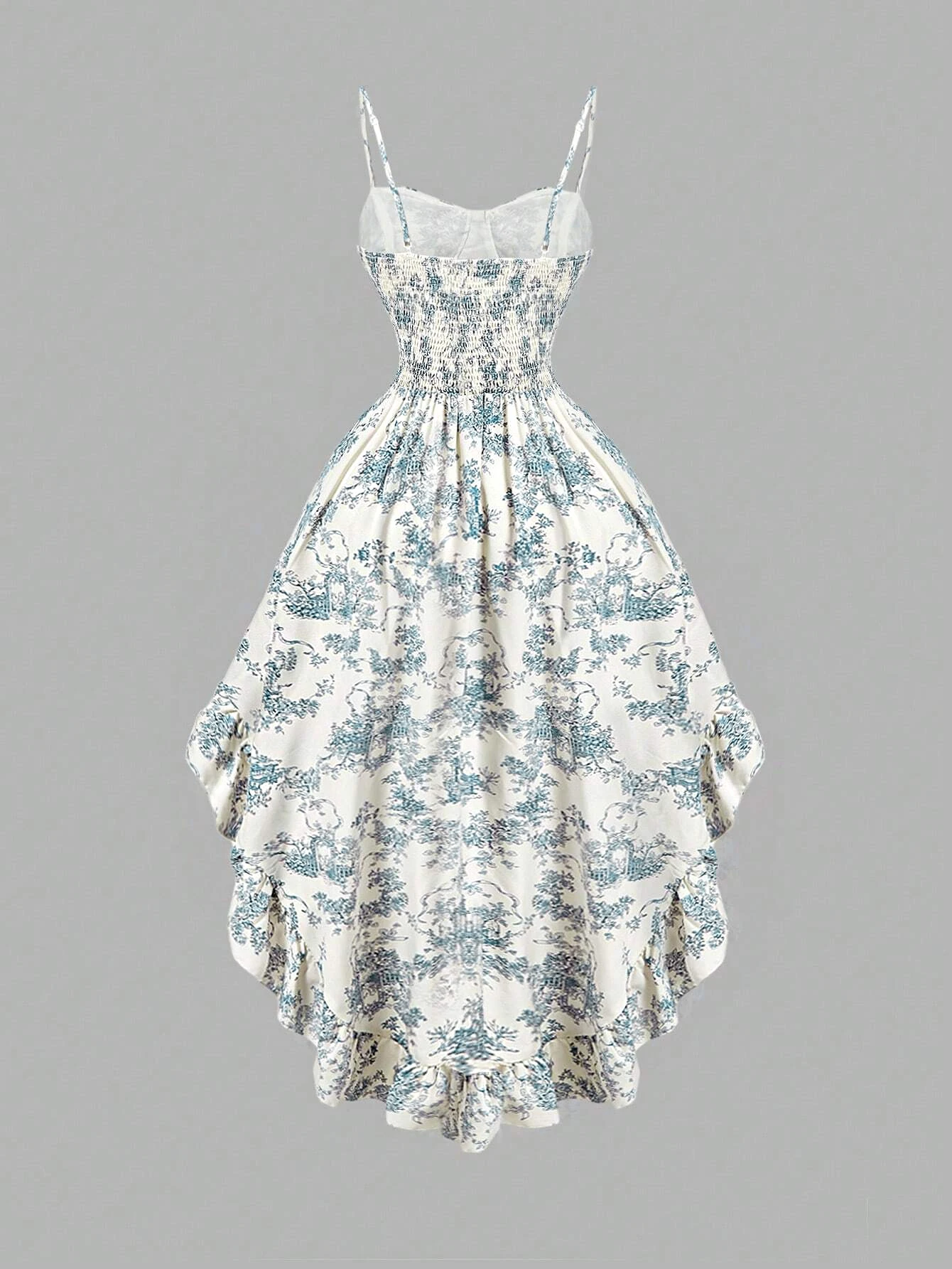 Feminino primavera verão branco azul floral impressão cinta de espaguete querida pescoço ruched assimétrico bainha midi casual vestido de férias