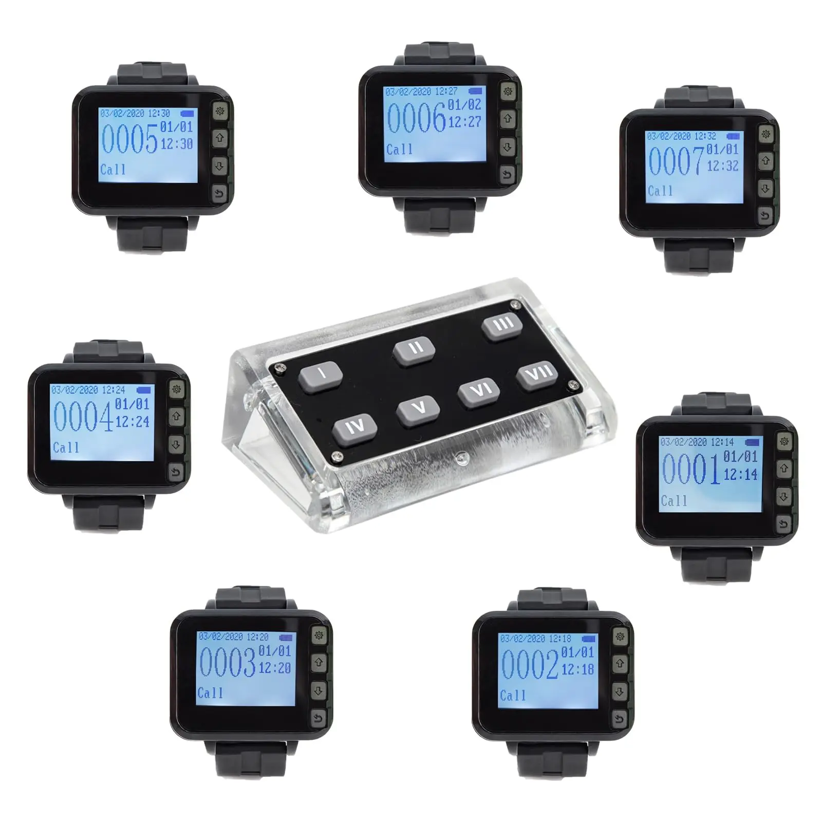 High Efficient Restaurant Pager System for Servers Kitchen to Waiter Collect Food 1pc 7-Key Call Button and 7 Watch Receivers