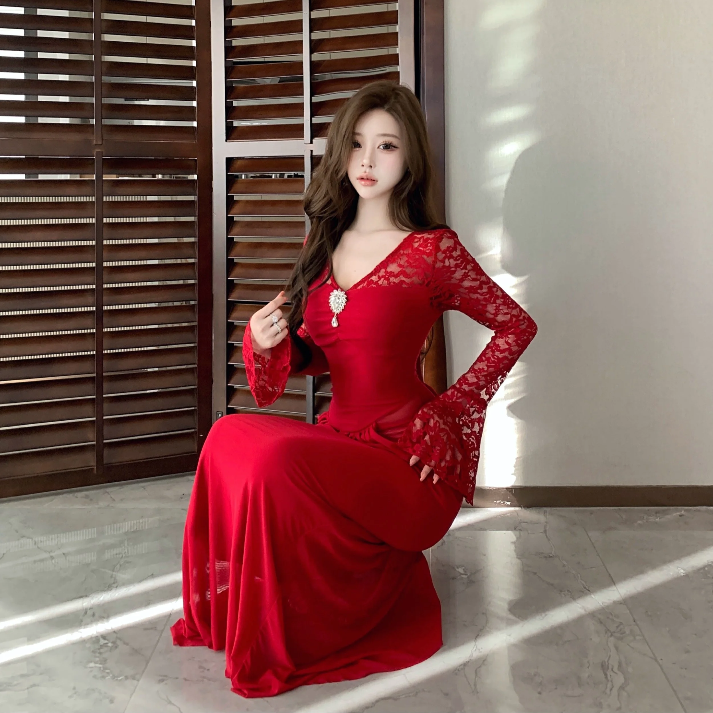 Ele High Waist Lace Wrap Dr Slim Fit V Ne Red Sexy  Dr Autumn Winter Inner Wear Dr Ladies Faion Dr