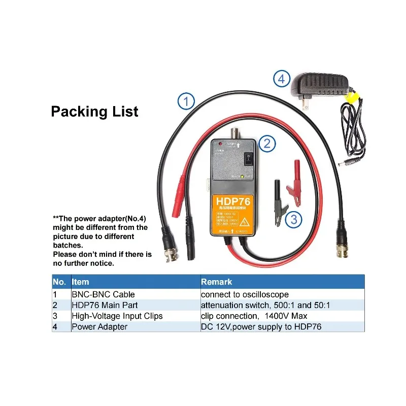 100MHz 1400V High Voltage Differential Test Probe with BNC Plug and Test Clips for Standard Oscilloscope Measurement