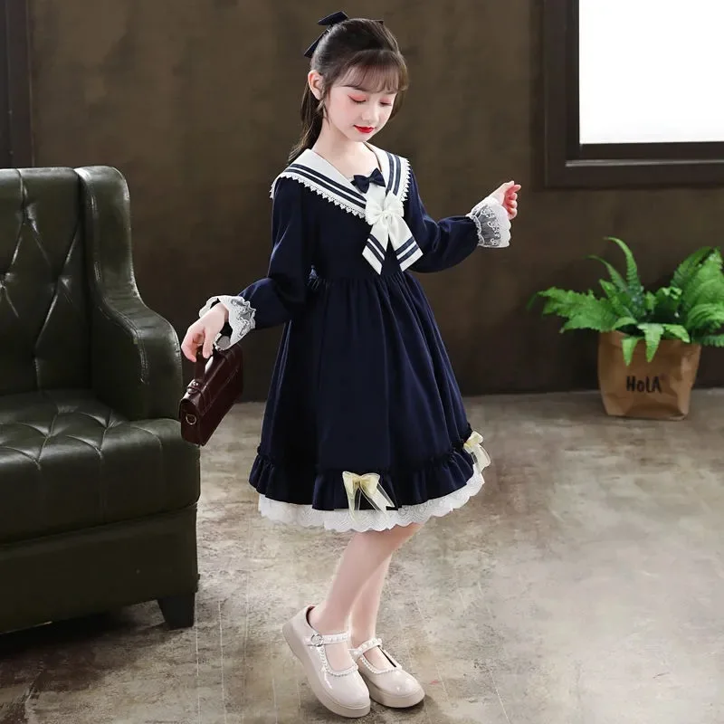 European 2024 Autumn winter girls Clothes retro teens sailor lace party bow-tie uniform Child Princess Dress 7 8 9 10 12 year