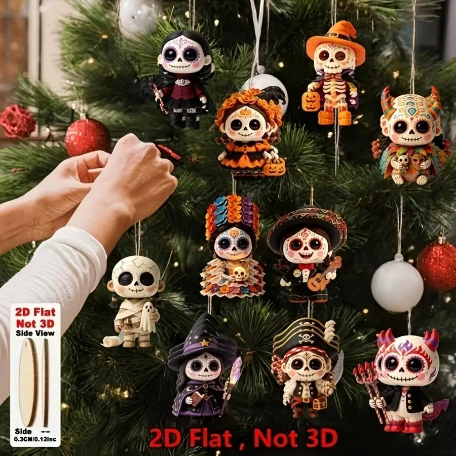 1/5/10/20/50/100pcs 2D Flat, 10 pieces - Assorted Mexican Halloween Doll Ornaments, - Festive Artificial Wood Decorations, Suita