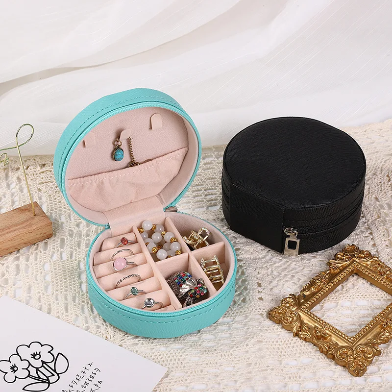 Portable Round Jewelry Box Necklaces Earrings Rings Jewelry Organizer Display Travel Jewelry Case Boxes Pu Leather Storage Box