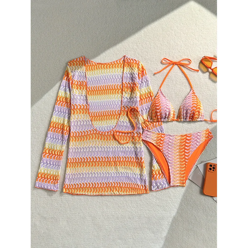 2026 with Long Sleeve Cover Up Printed Bikini Women Swimwear Female Swimsuit Three Pieces Bikini Set Bather Bathing Suit Swim