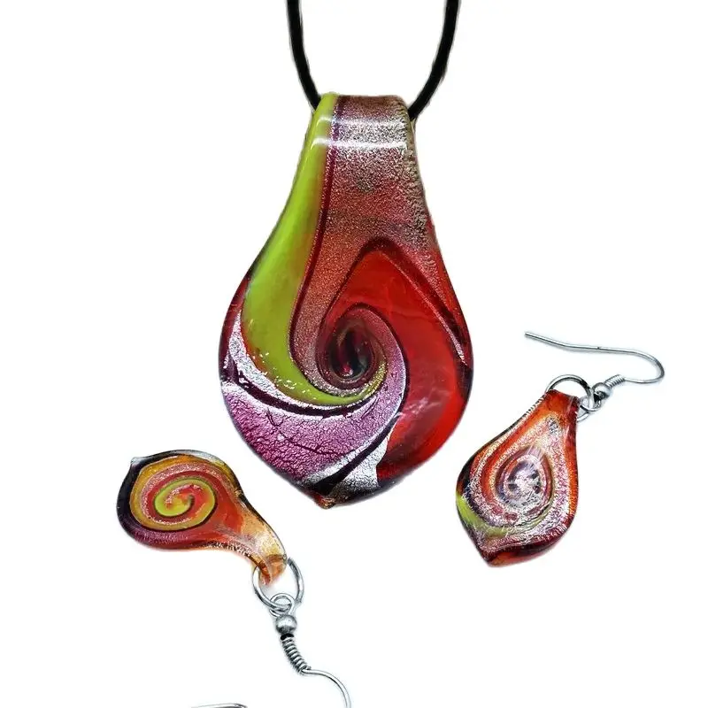 Fashion 3set   Glass Murano Floral Leaf Shape Pendant Necklace Earrings Jewelry Set Handmade Personalized Jewelry for Women