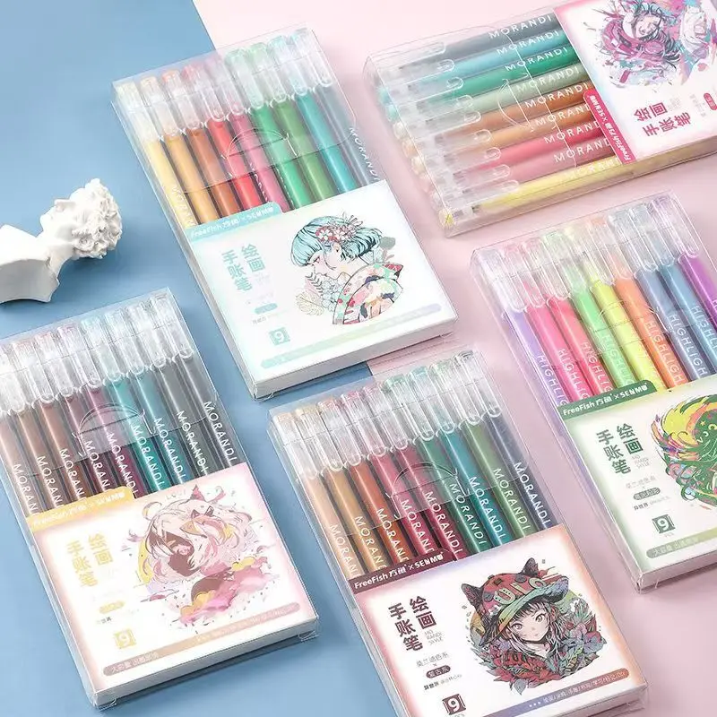 

9Pcs Morandi Gray Pens Set Multi Color Gel Ink Pens Vintage Marker Liner 0.6mm Ballpoint Pen School Office Stationery Gift Pen