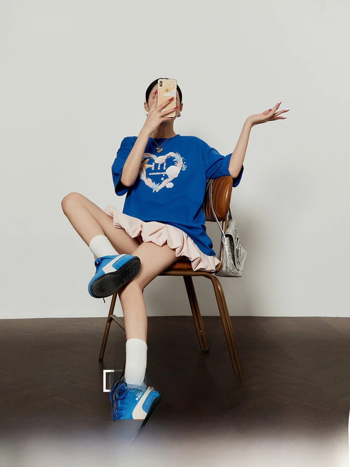 

Blue Heart Print Short Sleeve T-Shirt Women's Casual Loose Fit Summer Commute Casual Cotton Tee round Neck Basic Style