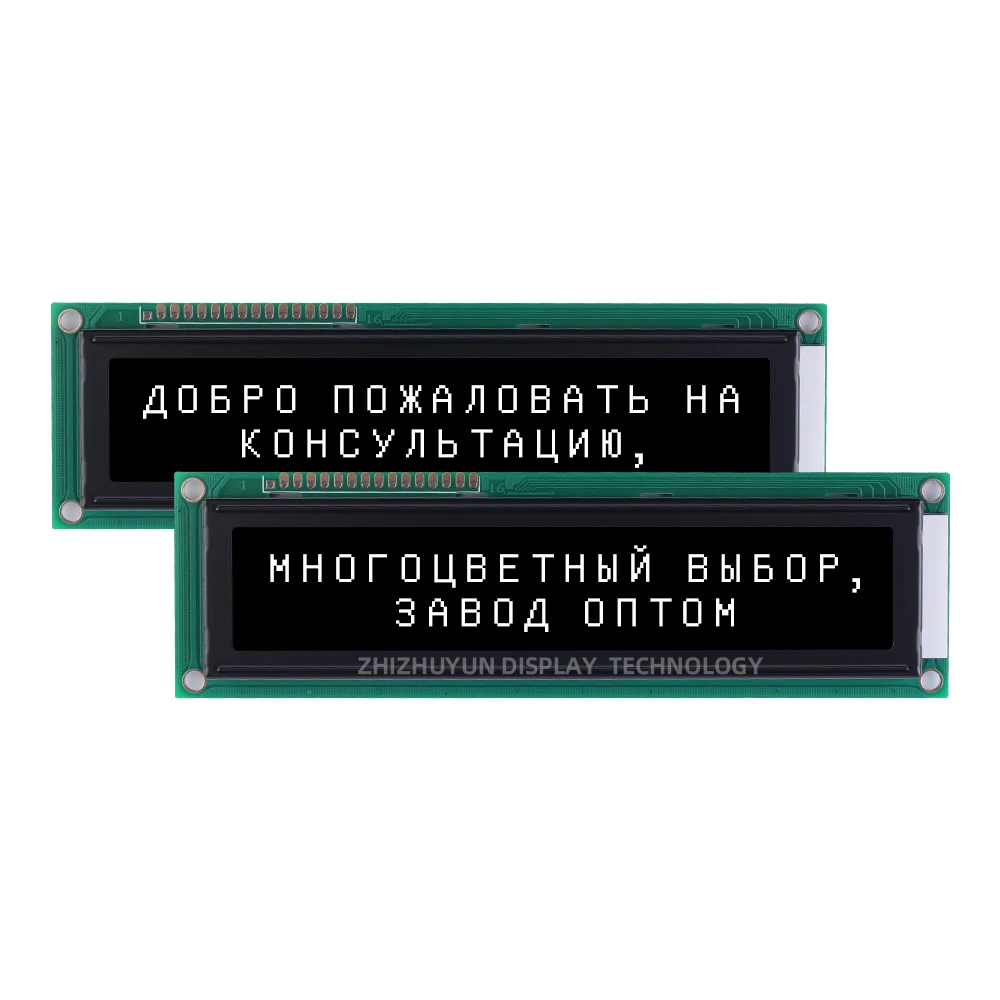 Layar LCD karakter besar 2002B dengan Film abu-abu dan teks hitam dalam bahasa Inggris dan Rusia. Nilai tegangan layar LCD adalah 5V