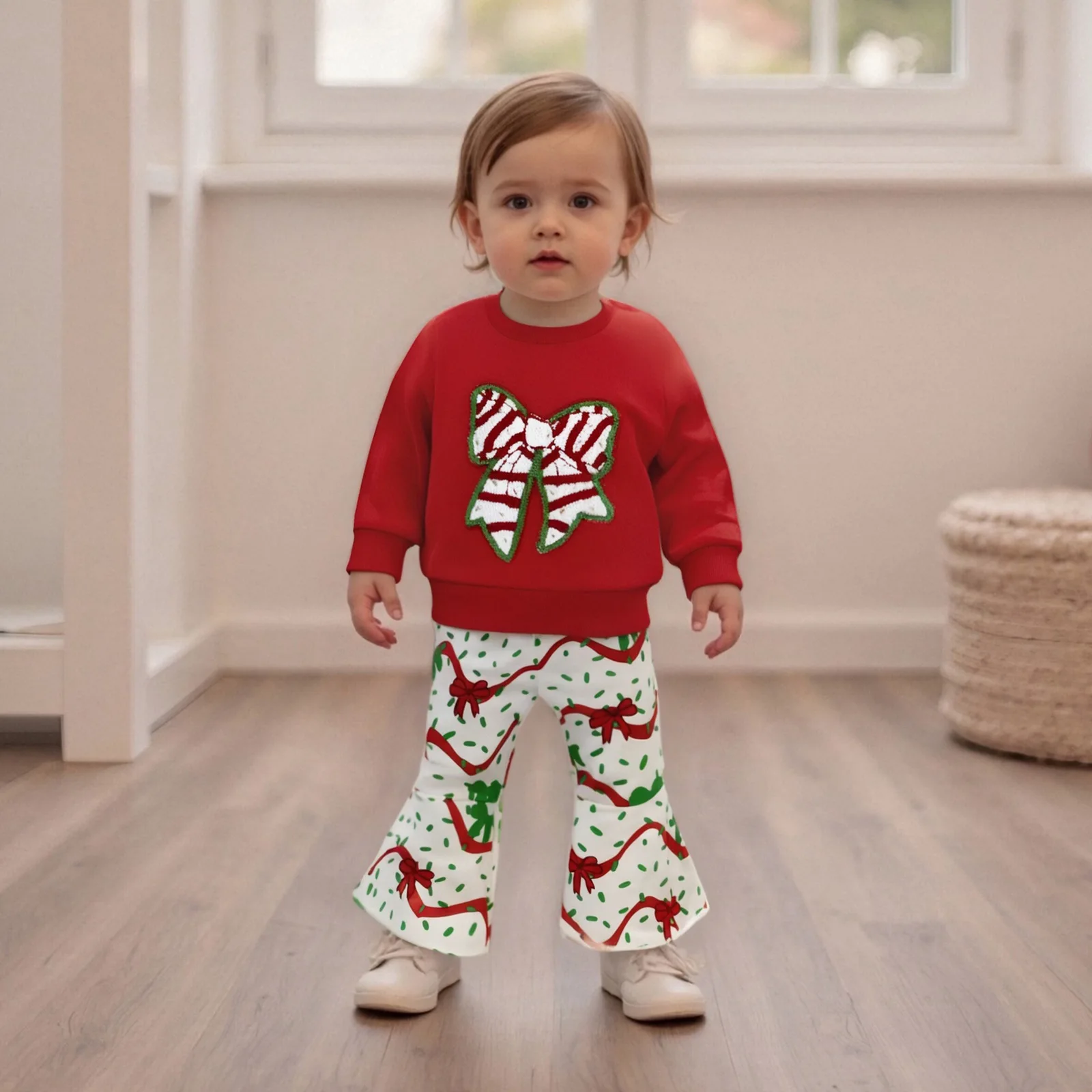 Girls' New Set Big Bow Embroidered Long-sleeved Sweater Christmas Tree Horn Long Two-piece Set Fashion Casual