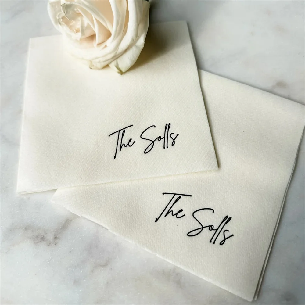 50PCS Custom Elegant Script Last Name Linen Like Beverage Napkins, Champagne Linen Like Wedding Napkins, Custom Napkins, Engagem