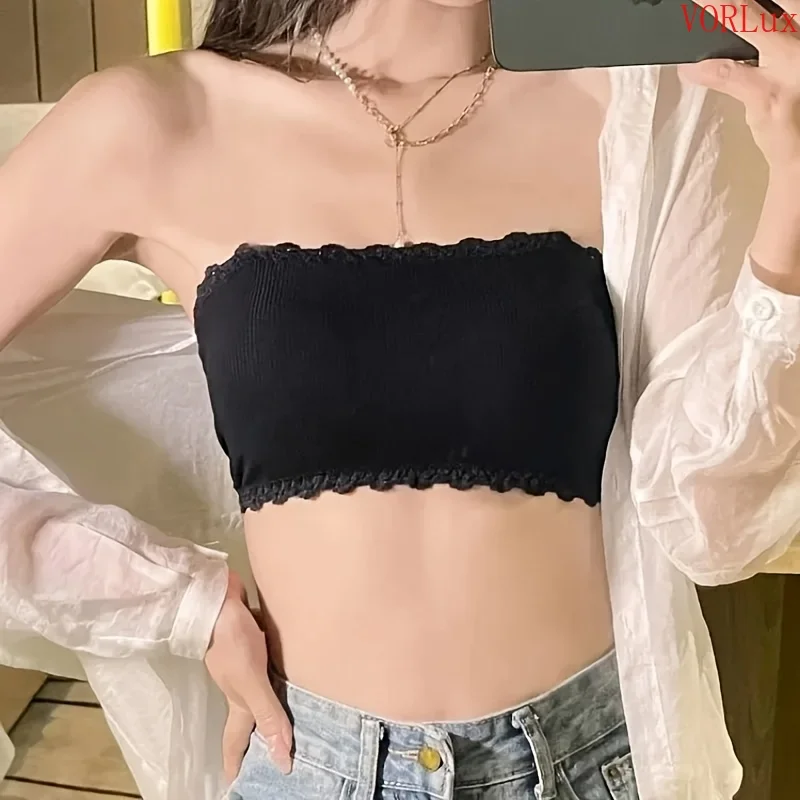 Women Seamless Strapless Lace Bra Wireless Support Breathable Polyester Solid Color Elegant Lace Decor Tube Top Summer Invisible Underwear Ladies Underwear