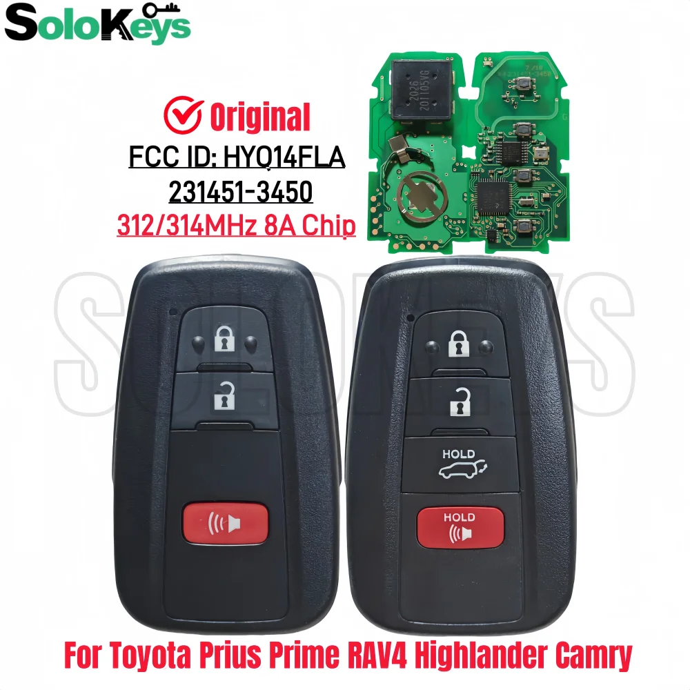 SOLOKEYS  FCC ID:HYQ14FLA 231451-3450 For Toyota Prius Prime 4Runner RAV4 Highlander Camry Original Smart Key 312/314MHz 8A Chip
