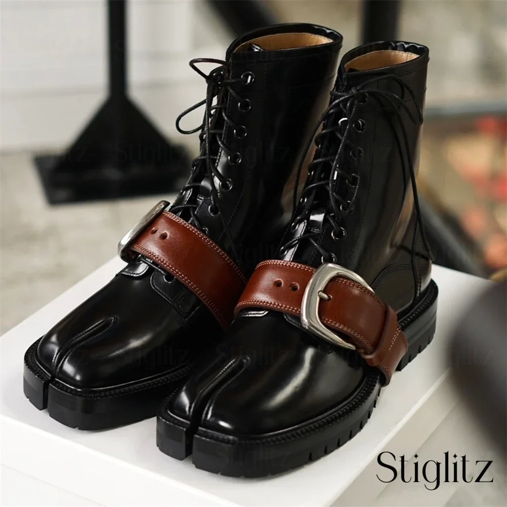 

Buckle-Embellished Strap Tabi Booties Square Split Toe Chunky Sole Leather Boots Novelty Lace-Up Men Boots Handmade Dress Shoes