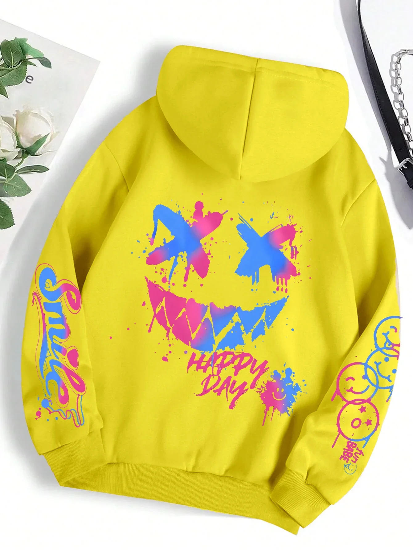 Happy Day Graffiti-Print Damen Hoodie Street Hip Hop Hoody Mode Rundhals Vielseitige Hoodies Vintage Oversize Kleidung für Frauen – Detail 18