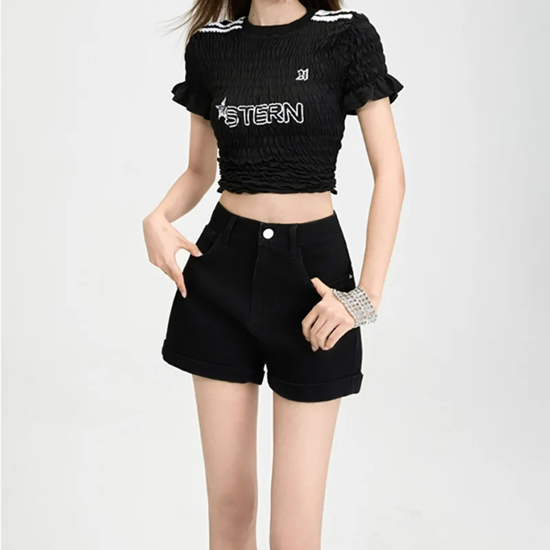 

High Waist A-Line Short Jeans Women's Spring Summer Thin Style Cuffed Hot Pants Black Denim Miniature Trendy Ladies Short Pants
