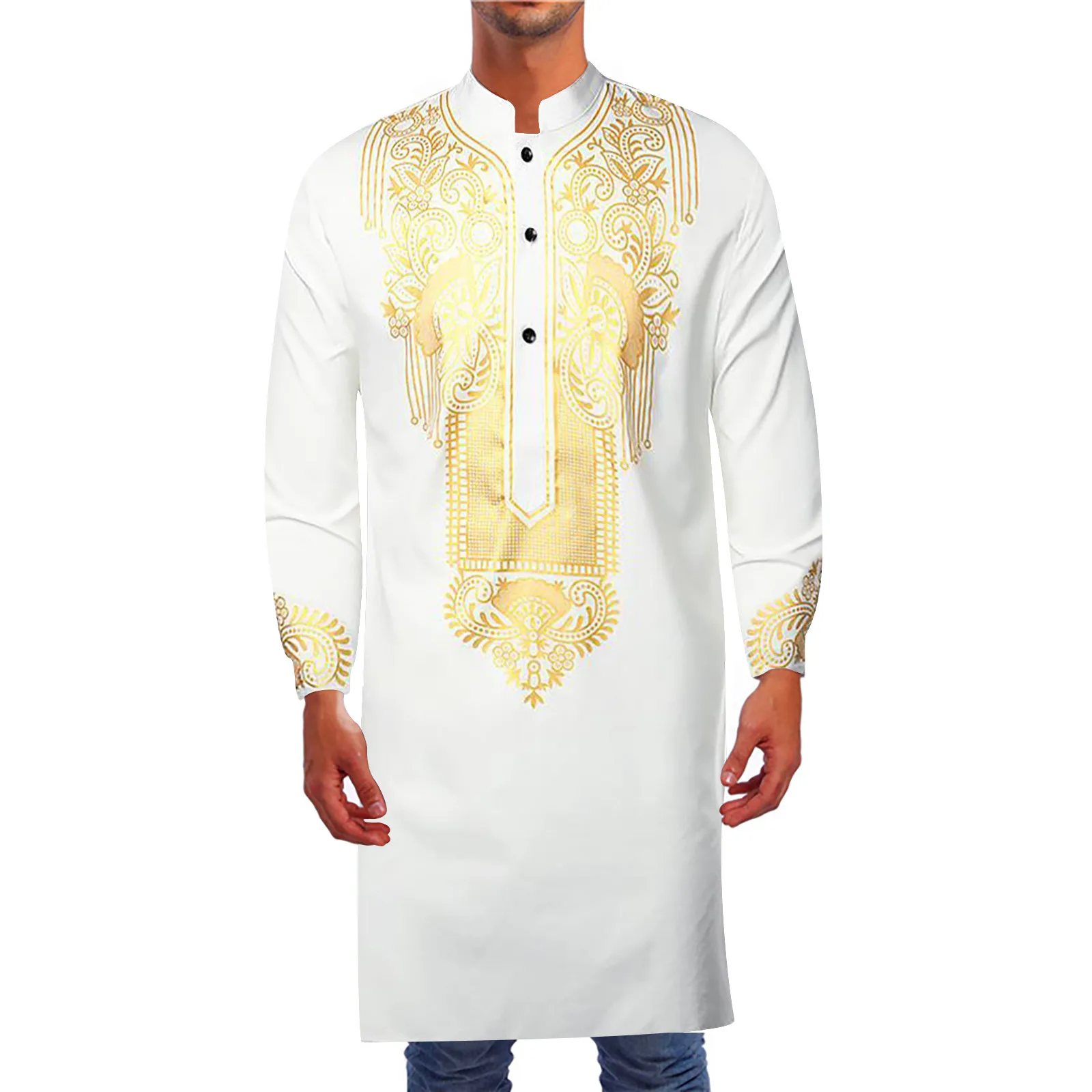 Luxe Casual Islamitisch Arabisch Abaya Gewaad Mode Etnische Print Kraag Jeugd Mid-Length Shirt Jas 2024 Moslim Mannen Kleding