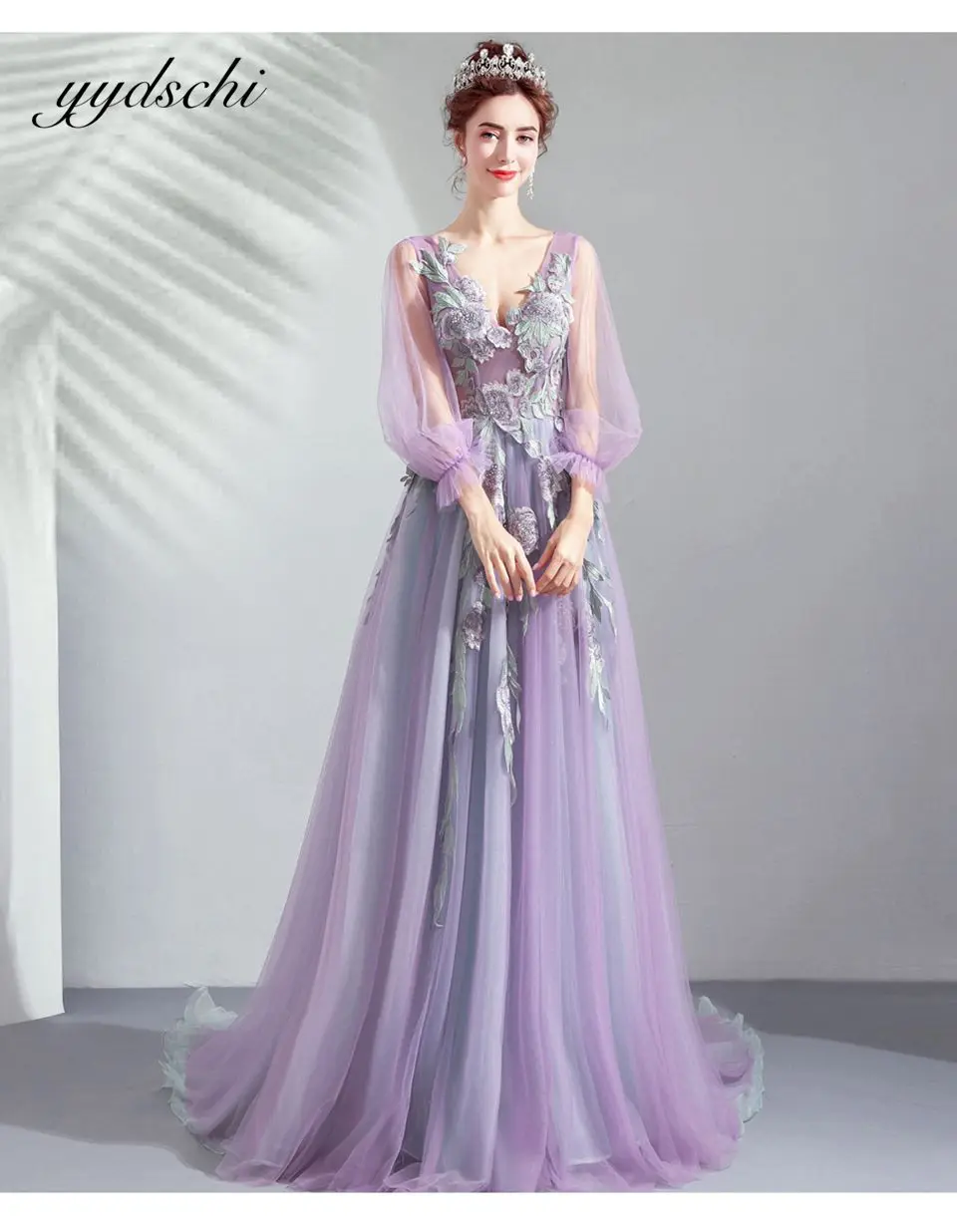 

2025 Puff Long Sleeves Prom Dresses Elegant PurpleTulle Lace Up Appliques Evening Dress For Women Praty Gown Robes De Soirée