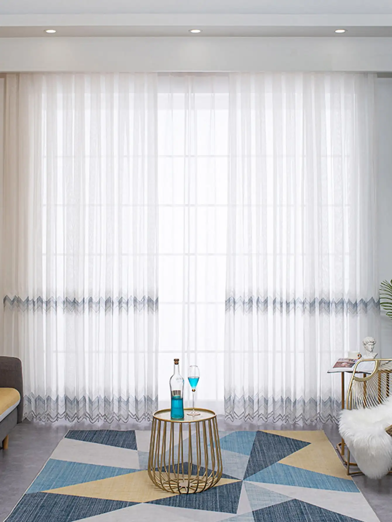 Modern Minimalist Style Nordic Corrugated Blue Double Row Beanie Curtains Living Room Bedroom Balcony Blackout Curtains