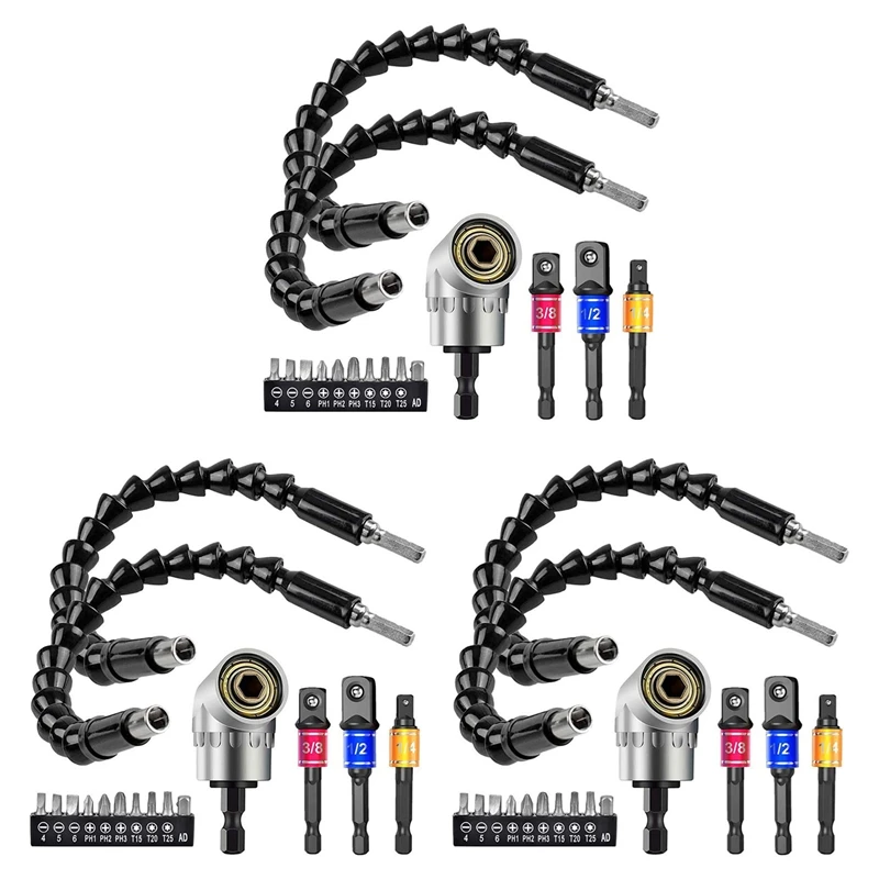 

LLCS-3 Set Flexible Drill Extension Hex Shank Drill Nut Driver Bit Set, 9Pcs Universal Socket Adapter Set, Screwdriver Bit