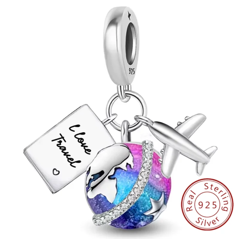 Banner aus 925er-Sterlingsilber, Flugzeug, globale Reise, Charms, Perle, DIY-Armband, Armreif, Geschenk für hochwertigen, edlen Schmuck