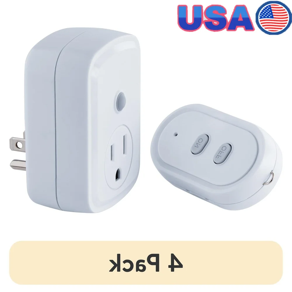 

4 Pack Indoor Wireless Remote Control Outlet Kit 1-Outlet Plug-in Receiver Transmitter Quick Install 100ft Range Lights Devices