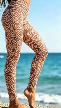 Women Boho Tribal Leggings Brown White Polynesian Tattoo Print Stretchy Slim Fit Pants Ethnic Geometric Skinny Bodycon Trousers