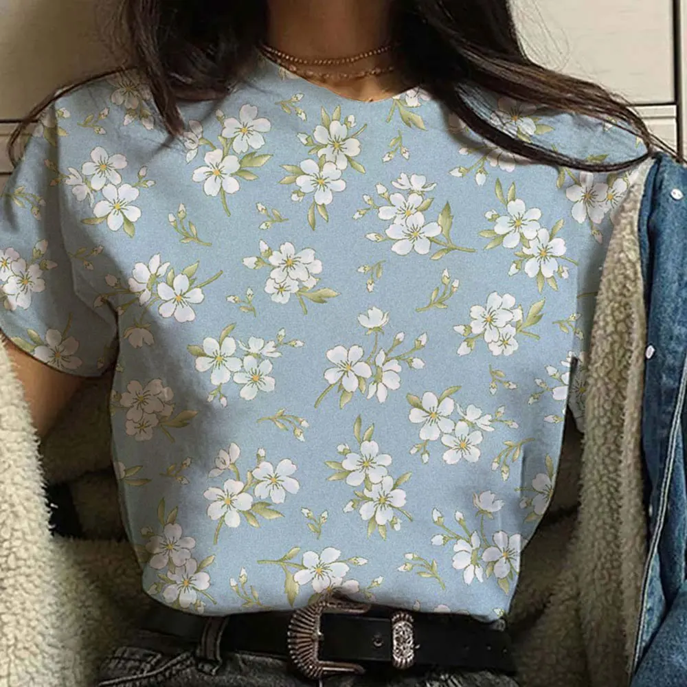 T-shirt à manches courtes à motif floral pour femmes, haut respirant, vêtements décontractés, mode de fête, été