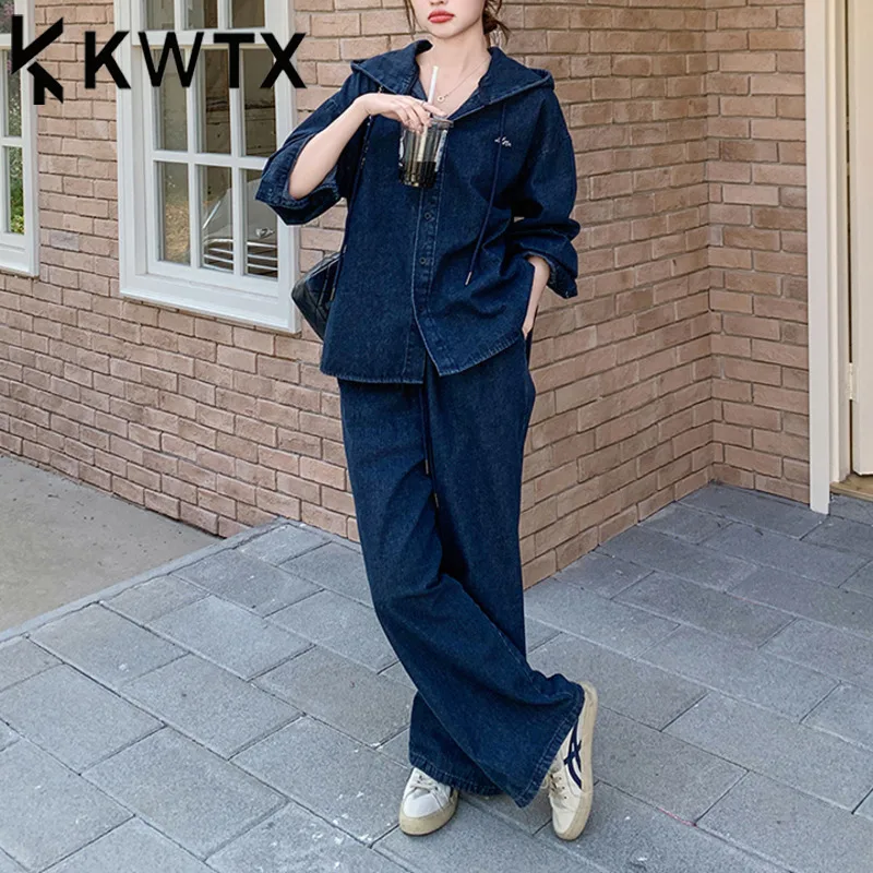 

KWTX 2025 Весна-Лето Женская джинсовая куртка с капюшоном и широкие брюки Комплект из 2 предметов, модный дизайнерский комплект Co-ord, повседневная уличная одежда