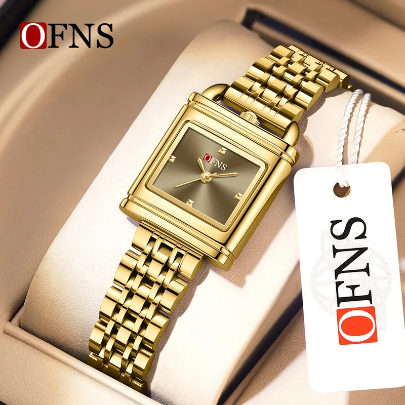 OFNS Women's Watch Solid Steel Belt Square Lock Women's Watch Waterproof Commuter Retro Temperament Live Quartz Watch**