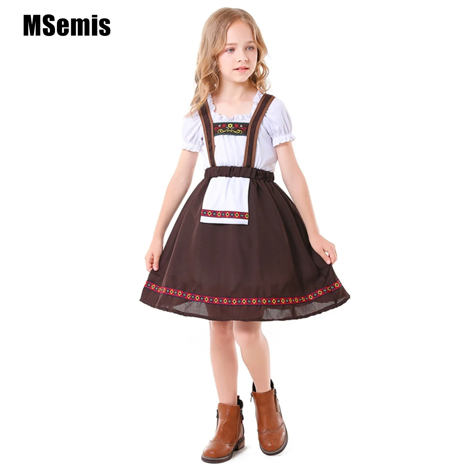 

Girls Beer Festival Cosplay Costumes Square Neck Short Sleeve T-shirt Top And Suspenders Dress Set for Halloween Carnival Party