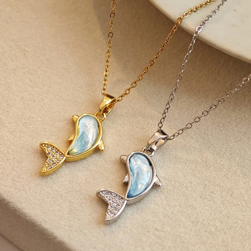 Y2K Elegant Dolphin Necklace for Women with Cat Eye Stone Marine Life Pendant Stainless Steel Temperament Jewelry Gift
