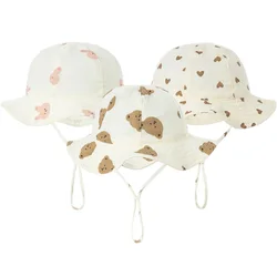 Korean Bear Baby Hat Muslin Cotton Bucket Hats for Girls Boys Cute Printed Spring Summer Infant Fisherman Cap Beach Accessories