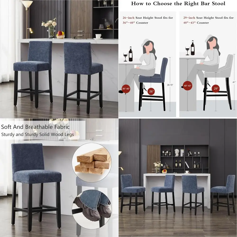 Modern Velvet Chenille Bar Stools Set of 2, Upholstered Bar Height Chairs with Solid Wood Legs and Back, Blue Accented Comfort f