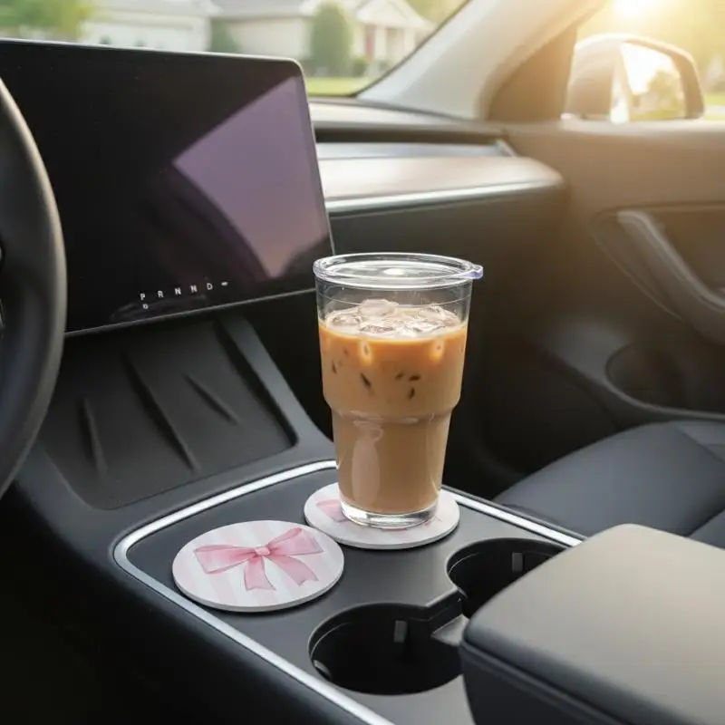 

【L】Car Cup Coasters Universal Pink Bow NonSlip Cup Holder Accessories Set for Cute Vehicle Style