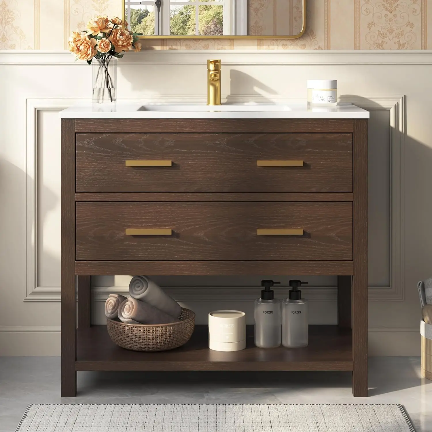 Farmhouse Bathroom Cabinet with Composite Top & Sink, 2 Drawers & Storage Shelf, Adjustable Feet, Easy Assembled,, Customized