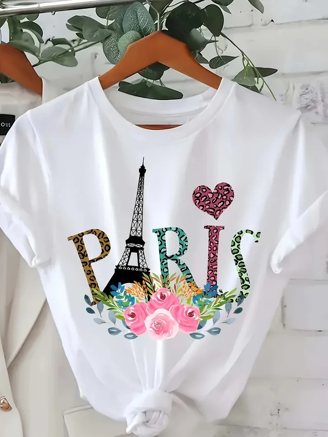 Women White Paris T Shirt Romantic Poetcore Aesthetic Top Leopard Heart Graphic Tee French Floral Eiffel Tower Dopamine Print Casual Wear