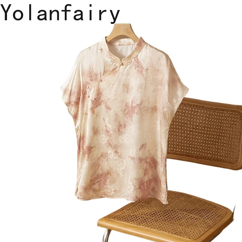 YOLANFAIRY 100% Mulberry Silk T Shirts Woman Top Stand-up Collar Elegant Charm Summer Tops Buttons Neo Chinese Style Tee Shirt