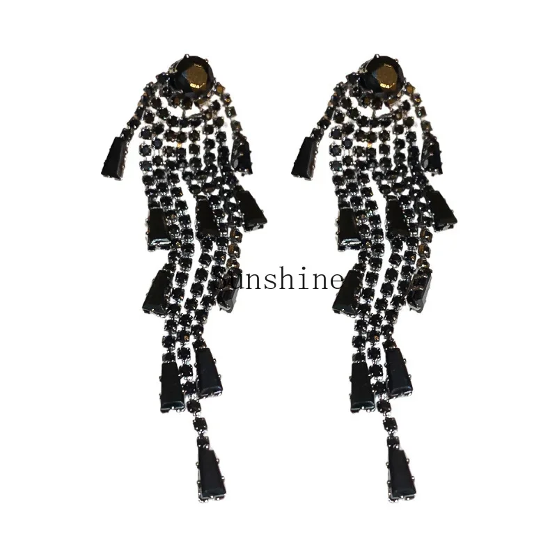 Silver needle zircon long fringed earrings European and American earrings light luxury fashion earrings