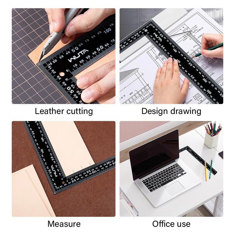 WUTA New Leather Craft Ruler Metal Angle Square Measuring L-Shaped Ruler Precision Double Sided SAE & METRIC Scale 300X200mm