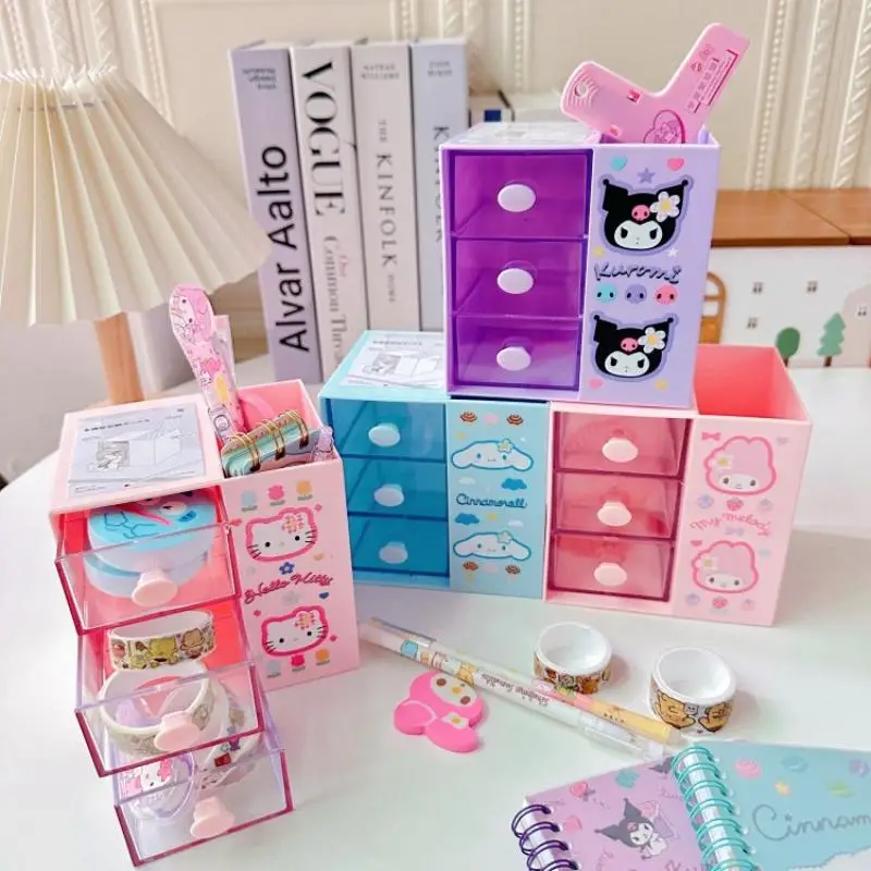 Kawaii Sanrio Hellokitty Kuromi Macaron Desktop Drawer Storage Box Cosmetics Three-Layer Storage Box Miscellaneous Box Girl Gift