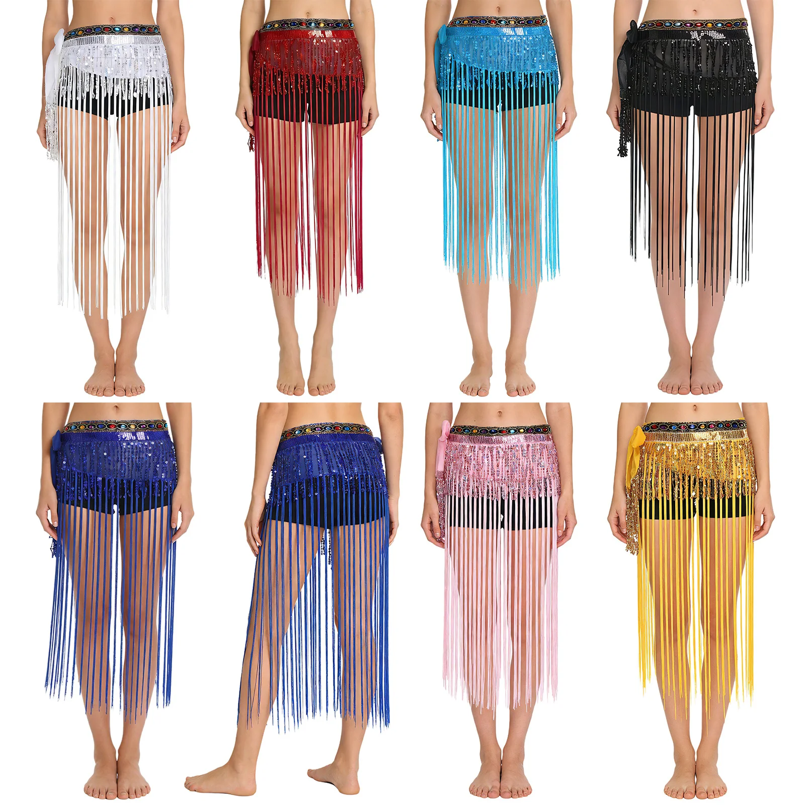 ผ้าคาดเอวเต้นระบำหน้าท้องสำหรับผู้หญิง ประดับพู่หลากสีสัน พร้อมเพชรประดับ สายคาดเอวแบบหลายชั้น ประดับเลื่อมและพู่ห้อย