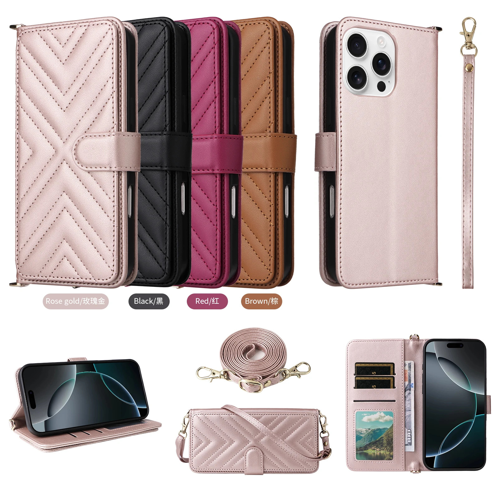 

For Iphone 16e/16 Pro Max 15 Plus 14 Phone Leather Case Multi-Function Wallet Card Insertion Long/Short Lanyard Shockproof Case