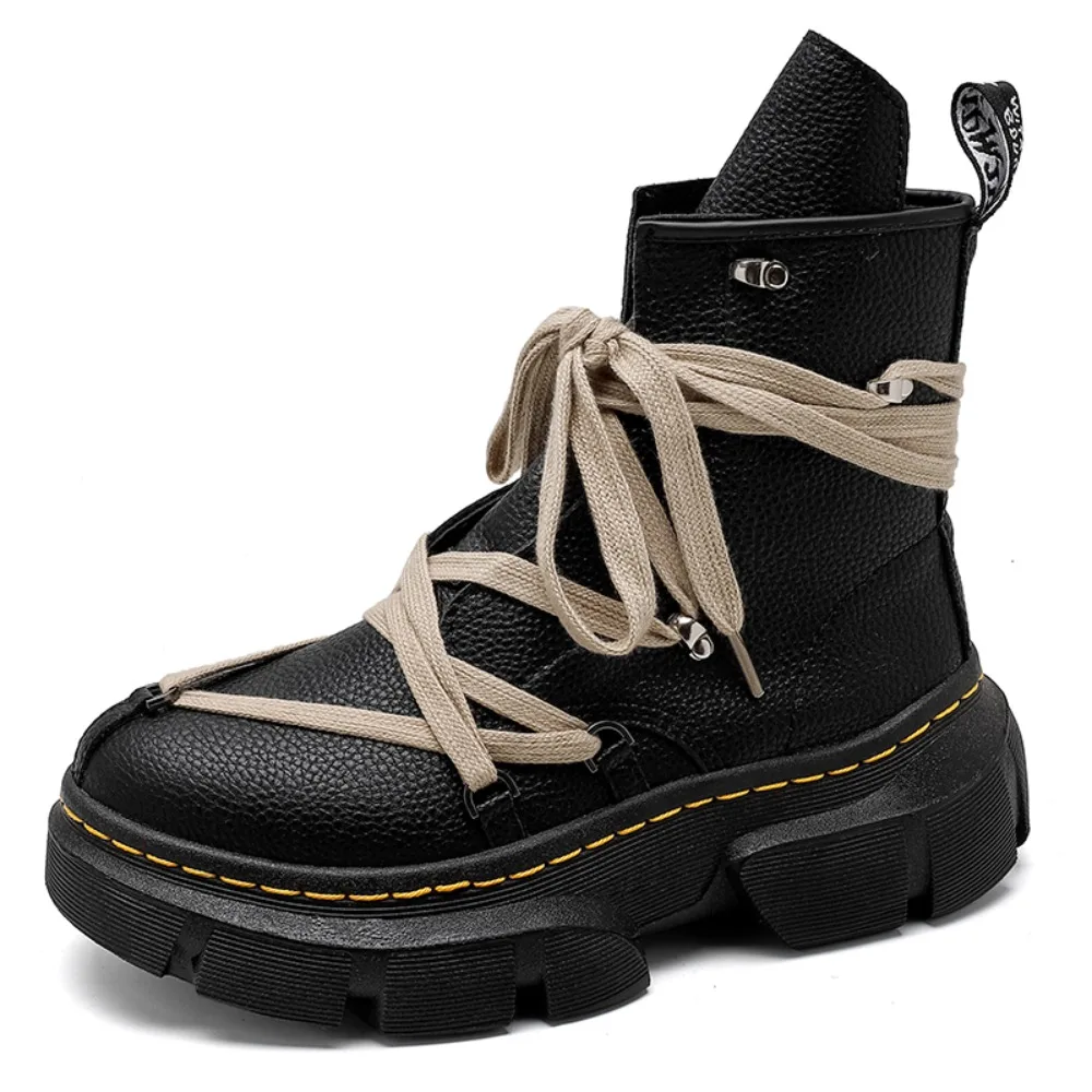 

2026 RO Trendy Shoes Short Mid Length Boots Men's And Women's Thick Soled Pentagram Strap British Style Round Toe PU Leather