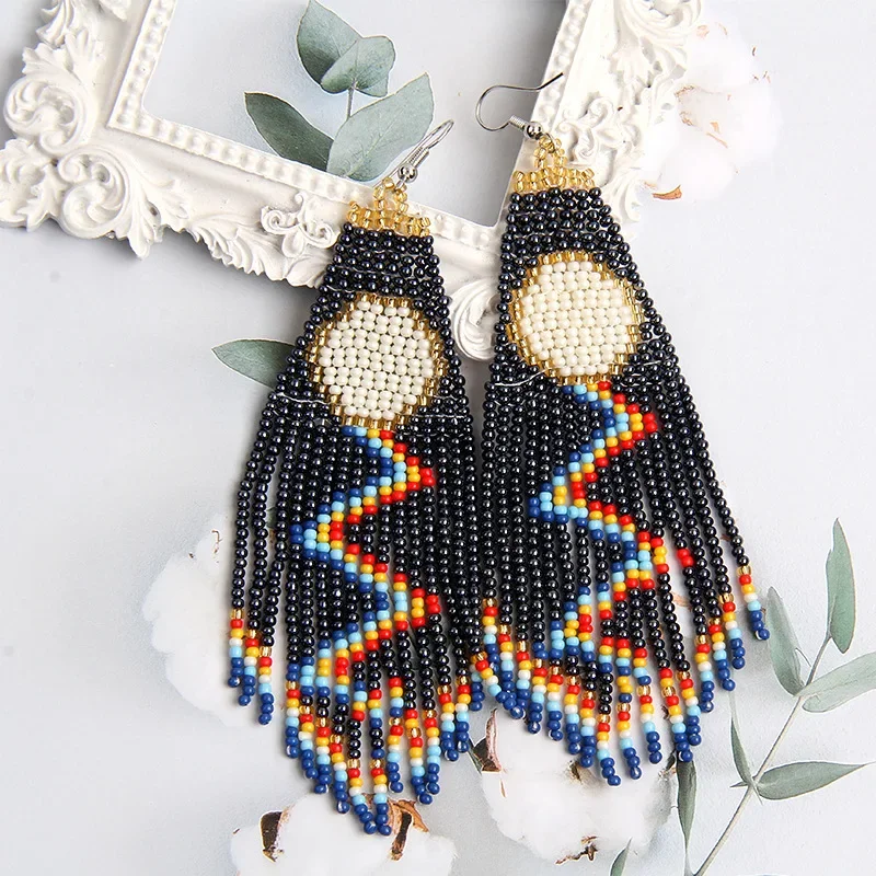 

Fringe Earrings Hand knitting Beading lightning sun Simple Bohemia geometry alloy ma'am Rice Bead Earrings