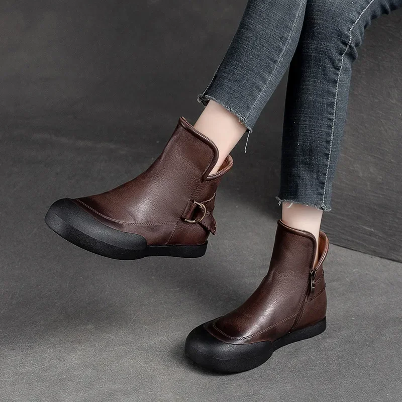 

Birkuir Genuine Leather Ankle Boots For Women Zip Flat Heel Luxury Shoes Short Boots Leisure Buckle Round Toe Platform Boots