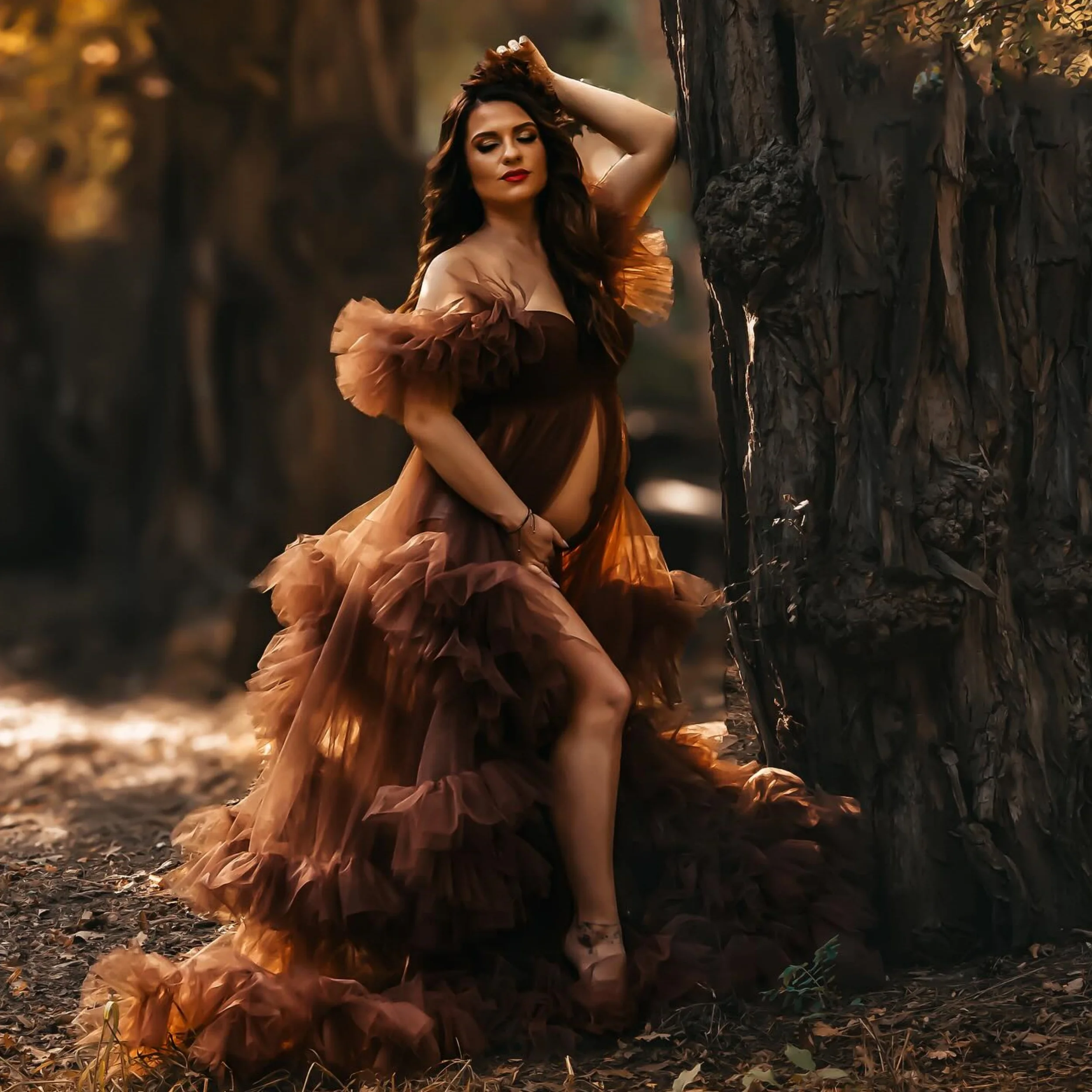 

Linda Brown Maternity Dress for Pregnancy Charming Sweetheart Ruffles Vestido de Gala Customized Shooting BabyShower Gowns