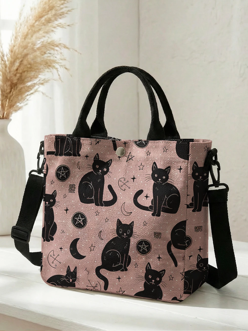 Pink Background Black Cat Moon Star Pentagram Print Handbag Detachable Strap Crossbody Tote Bag For Shopping Travel Daily Commut