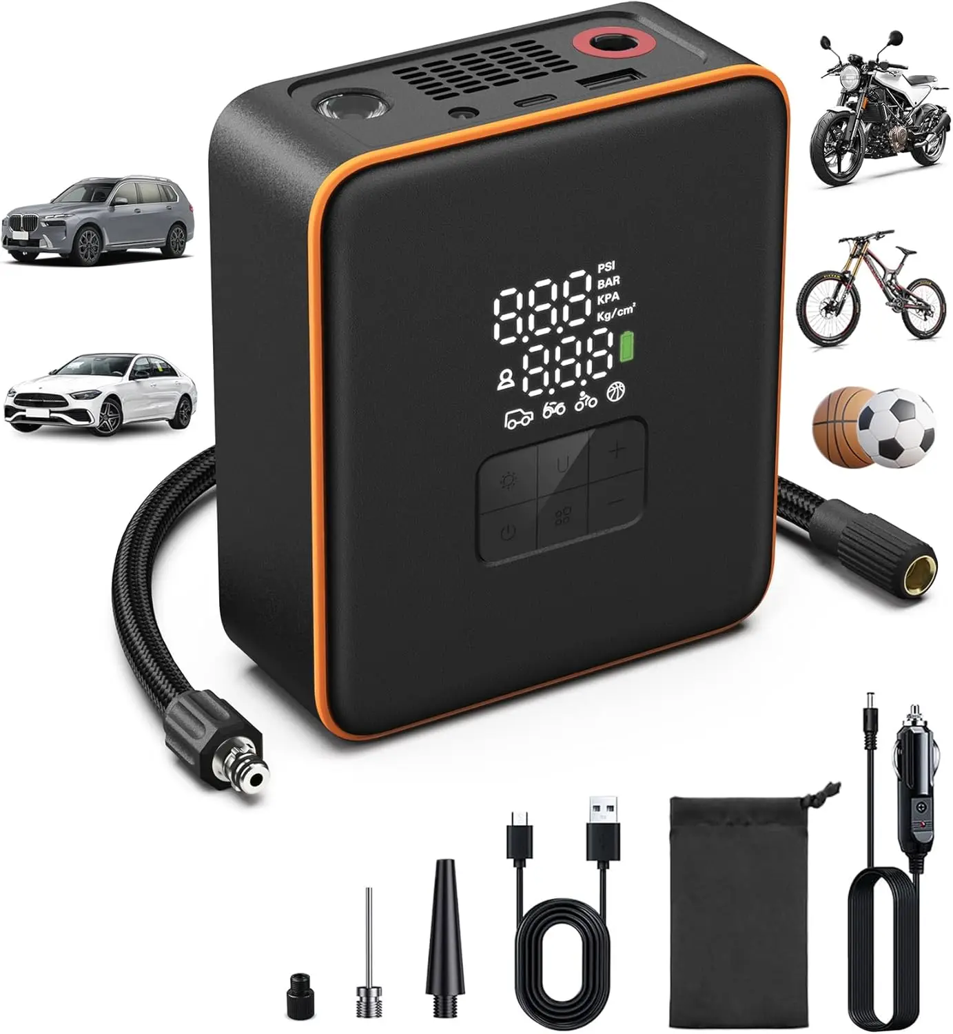 

Portable Tire Inflator 7800mAh Air Compressor, 5X Faster, Digital Gauge, 12V DC Dual Power, 150 PSI, Cordless for Car, SUV, Bicy