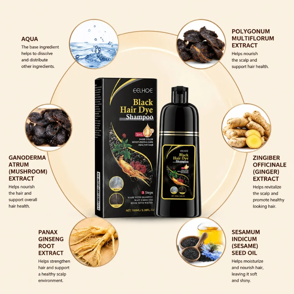3 In1 Black Hair Dye Shampoo Herbal Natural Hair Color Shampoo Nourish Scalp Cover Gray Hair Gentle Scalp-Friendly DIY Color